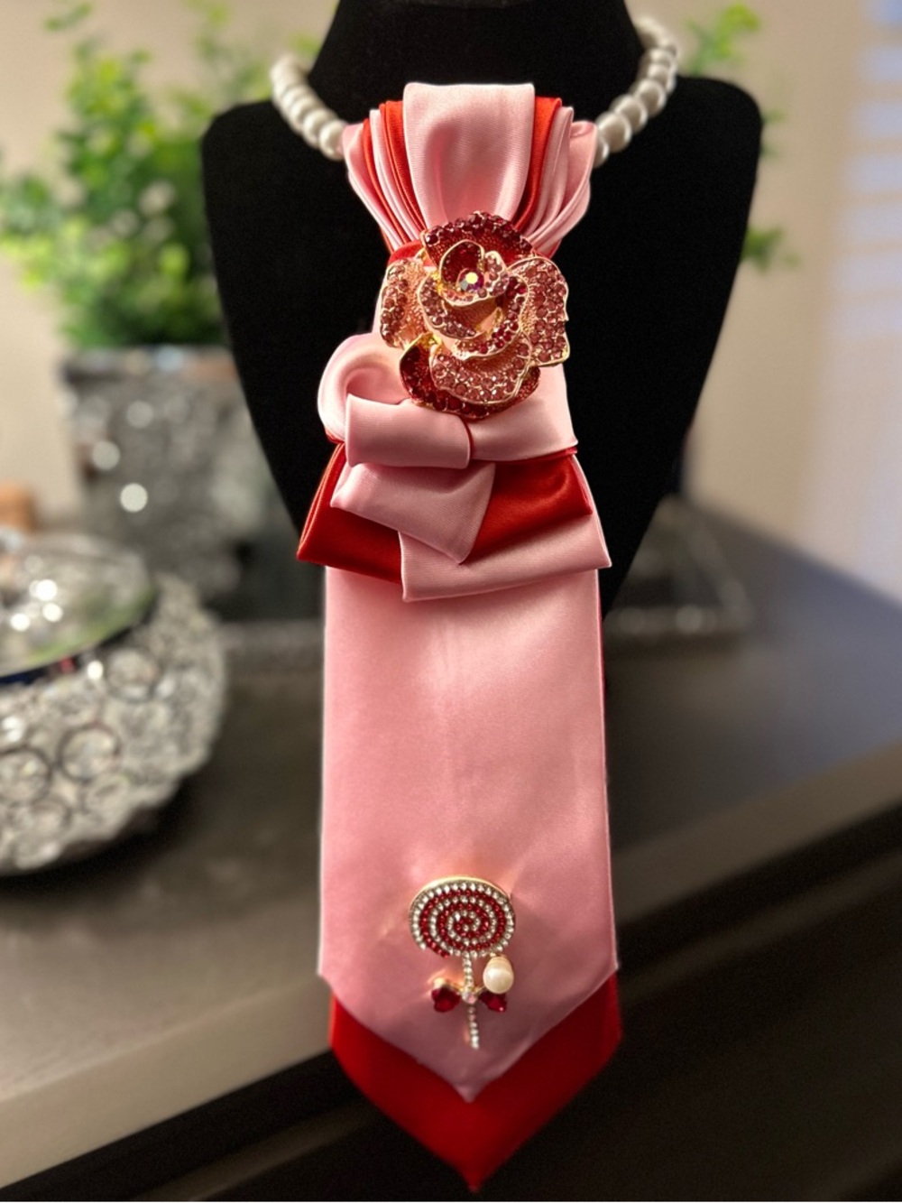 Satin Pink & Red double tie with Floral Brooch & lollipop bottom brooch